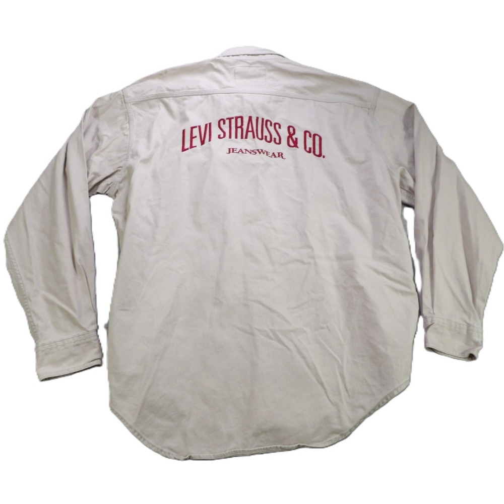 VTG Levis Authentic Workwear Twill Shirt Men XL Khaki Button Up 90s Embroidered